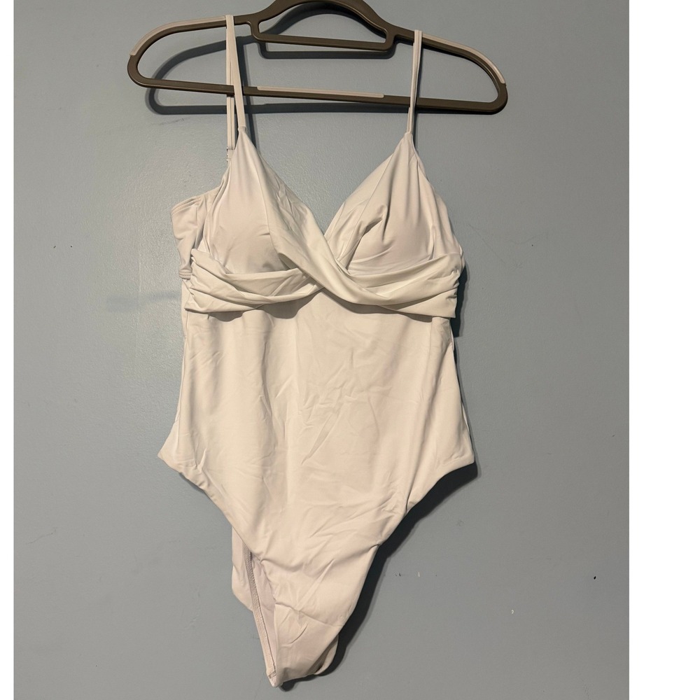 White Wrap Front One Piece XL Swimsuit V-Neck Adjustable Straps 2317
